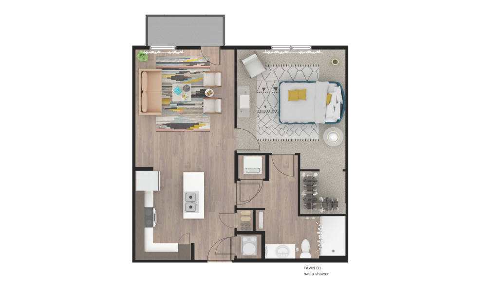 Fawn - 1 bedroom floorplan layout with 1 bathroom and 696 square feet